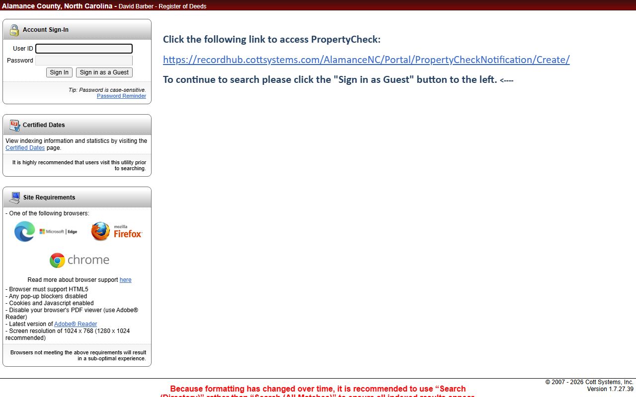 Alamance County eSearch system for searching deed records