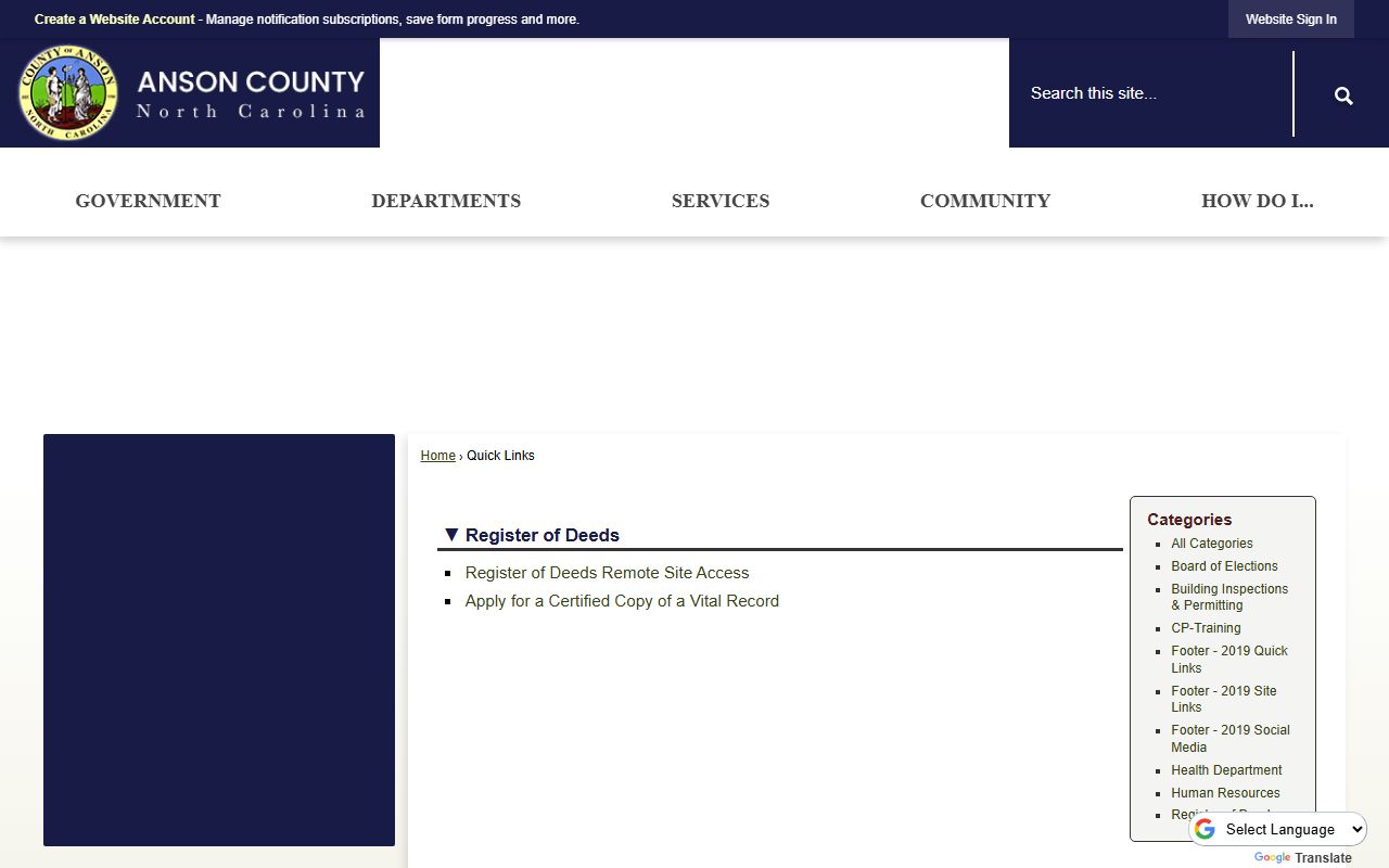 Anson County government quick links page for deed records access