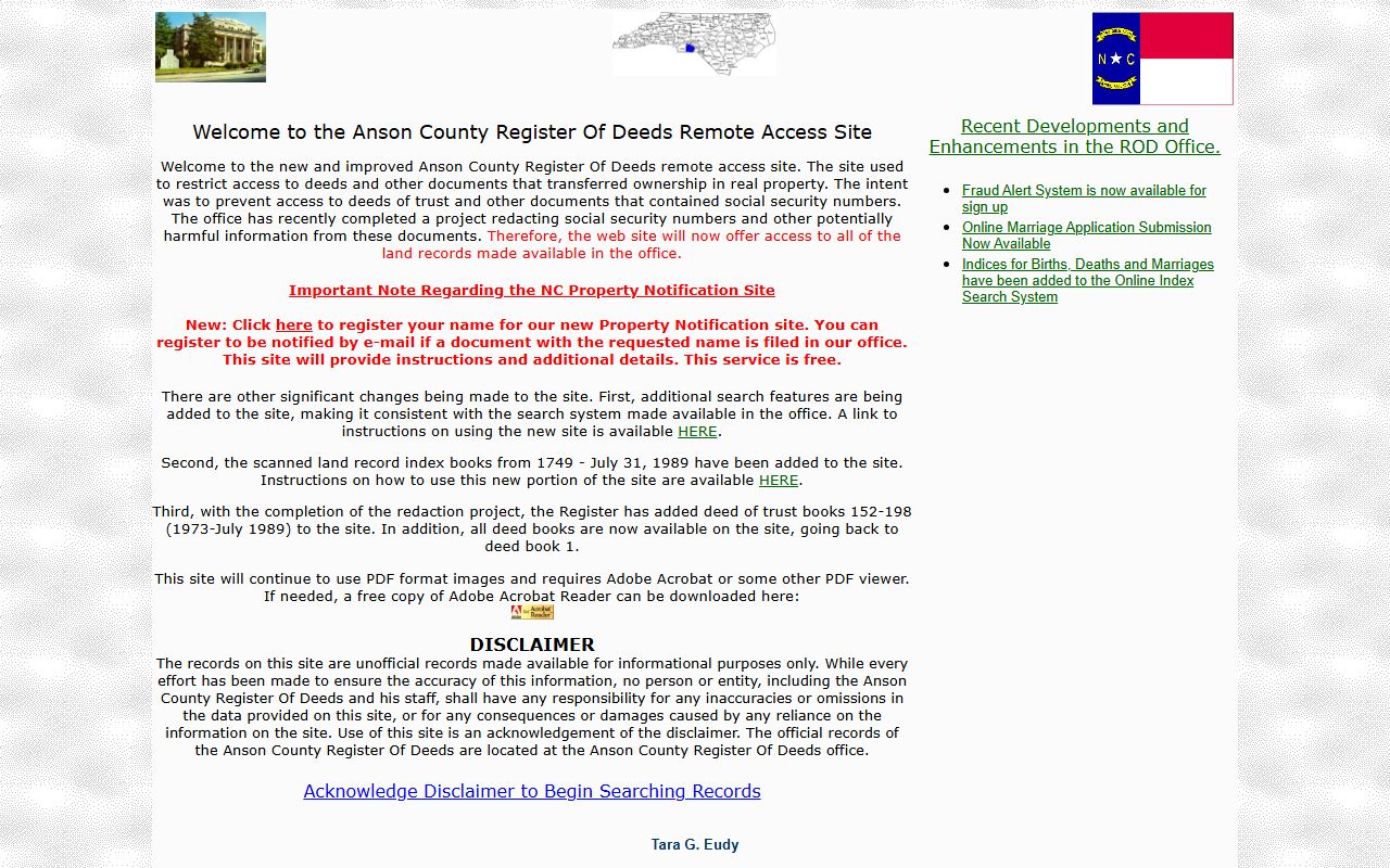 Anson County Register of Deeds remote access site for deed records