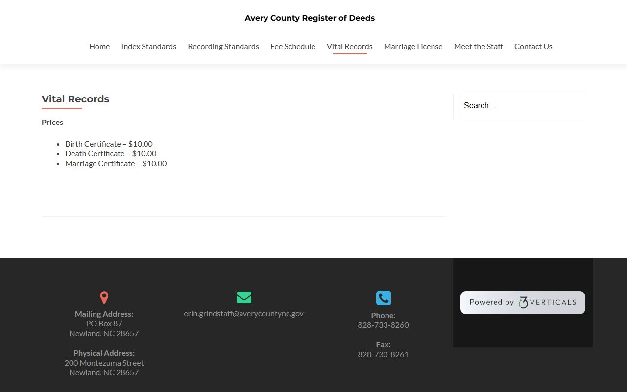 Avery County vital records page at the Register of Deeds for deed records