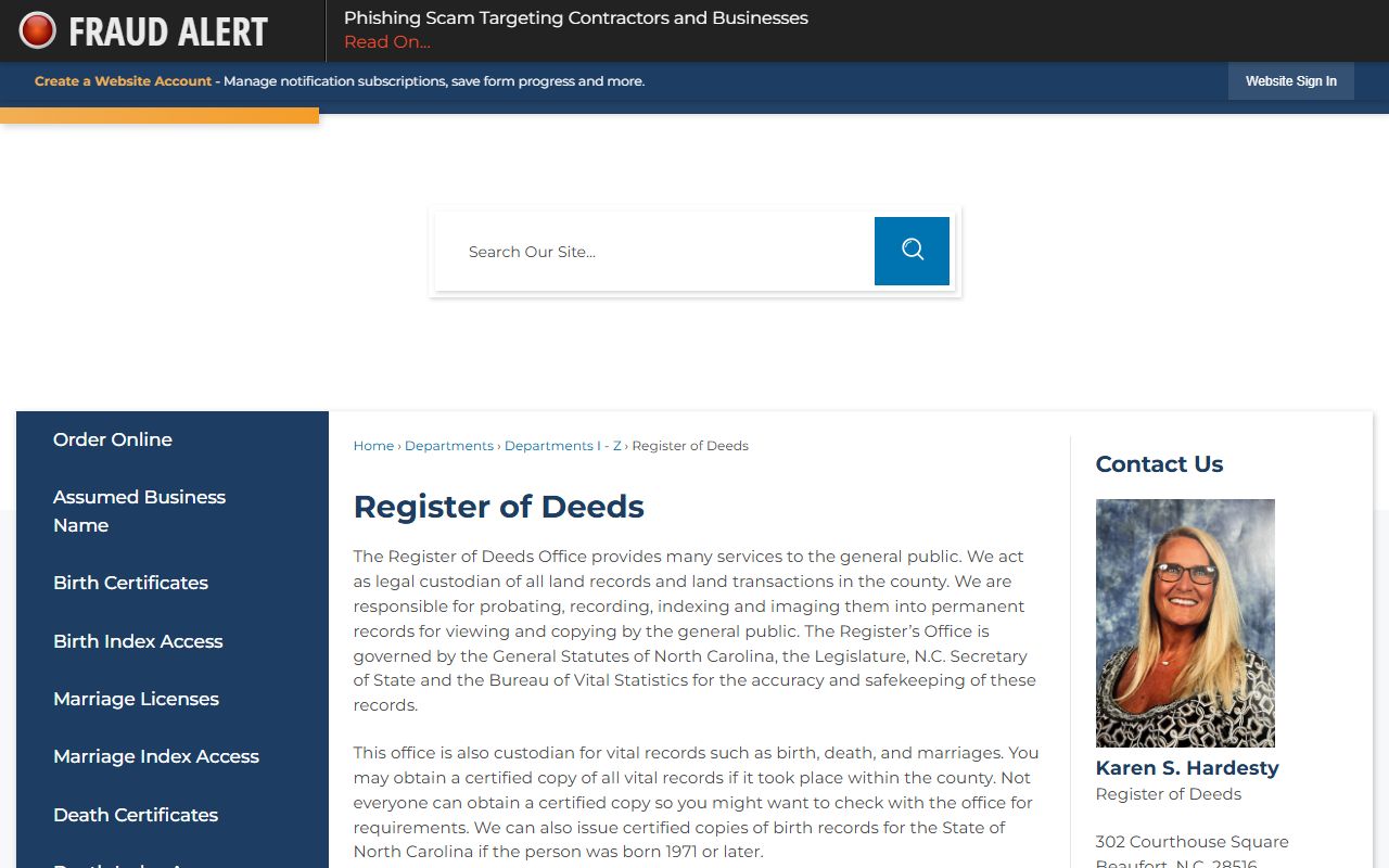 Carteret County Register of Deeds official website for deed records