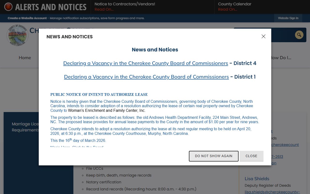 Cherokee County Register of Deeds official website for deed records