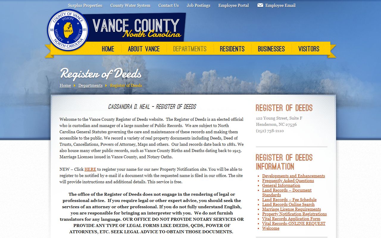 Vance County Register of Deeds official site for deed records