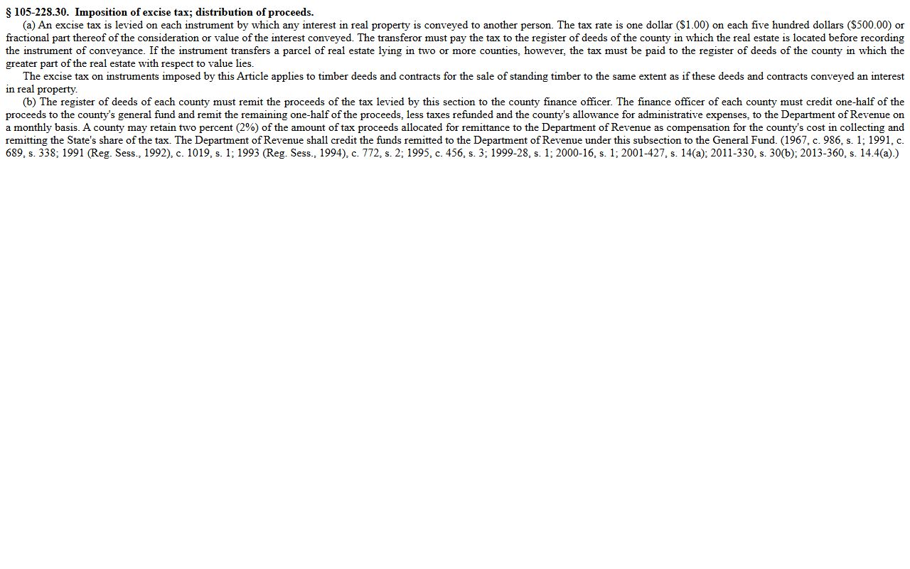 North Carolina excise tax statute for deed records conveyances