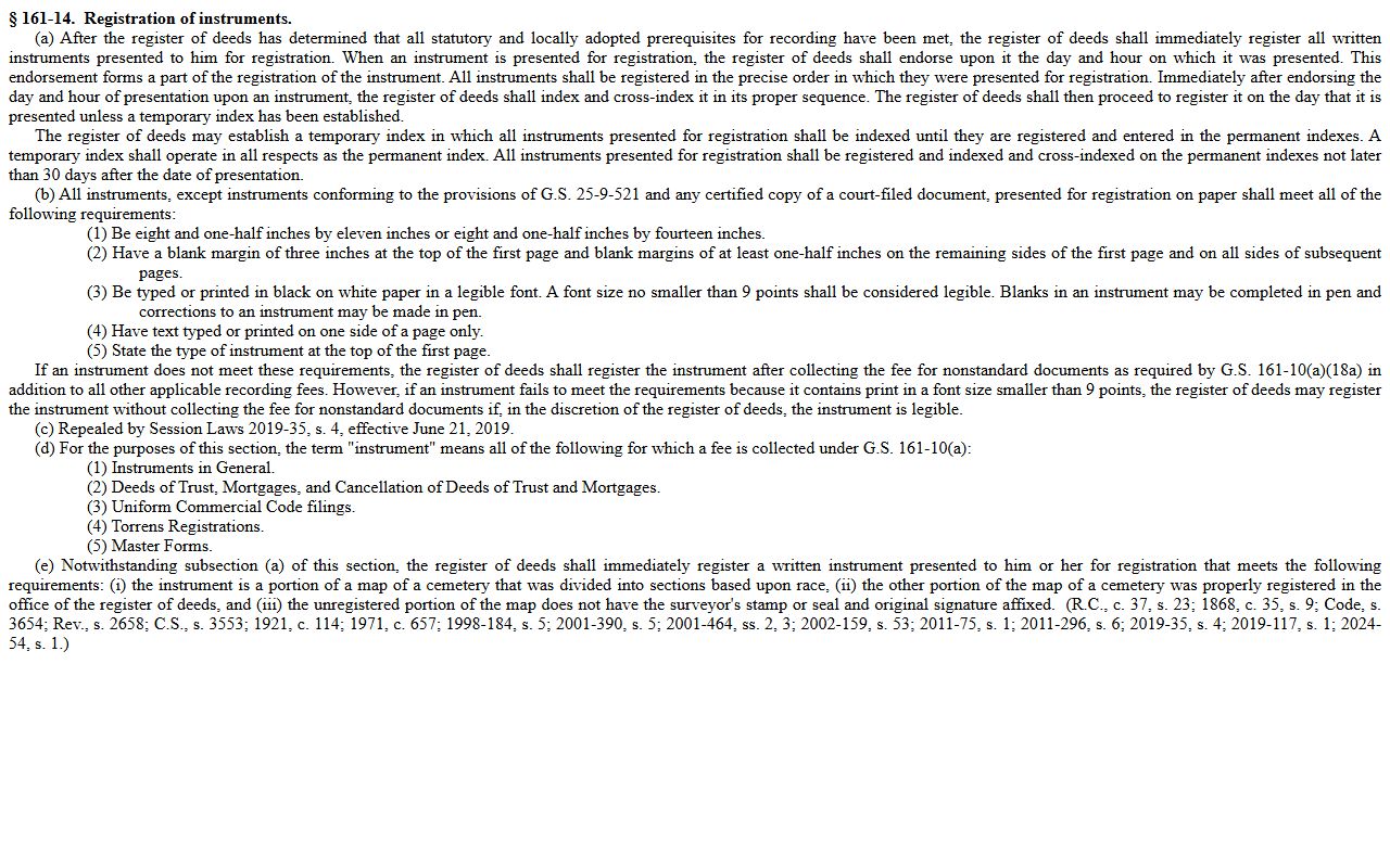 North Carolina document recording standards for deed records