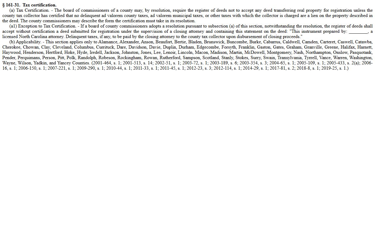 North Carolina tax certification requirement for deed records