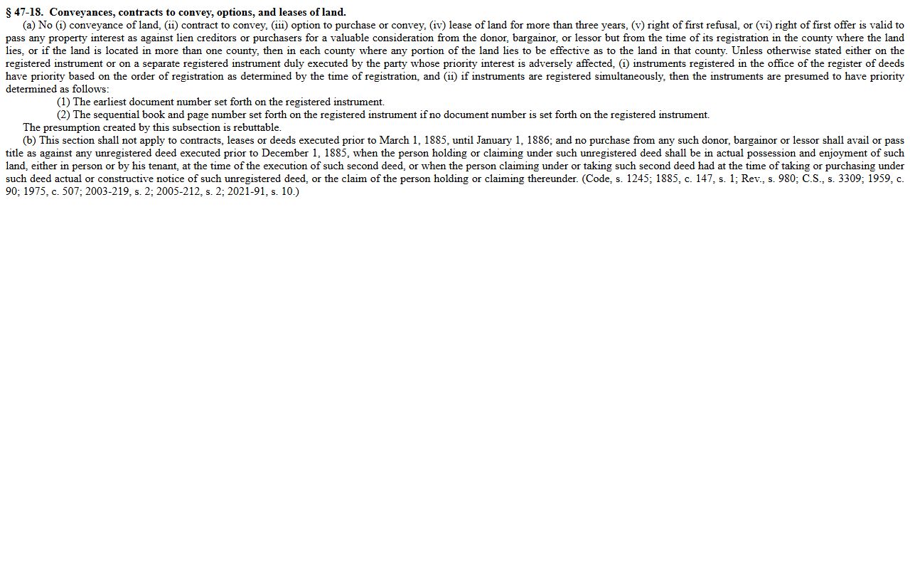 North Carolina Conner Act statute for deed records priority