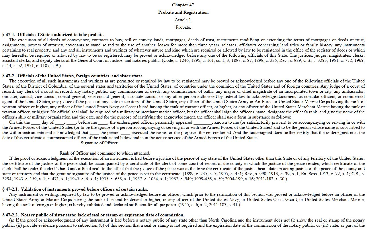 North Carolina General Statutes governing deed records registration