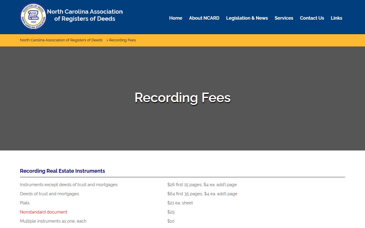 NCARD recording fees schedule for North Carolina deed records