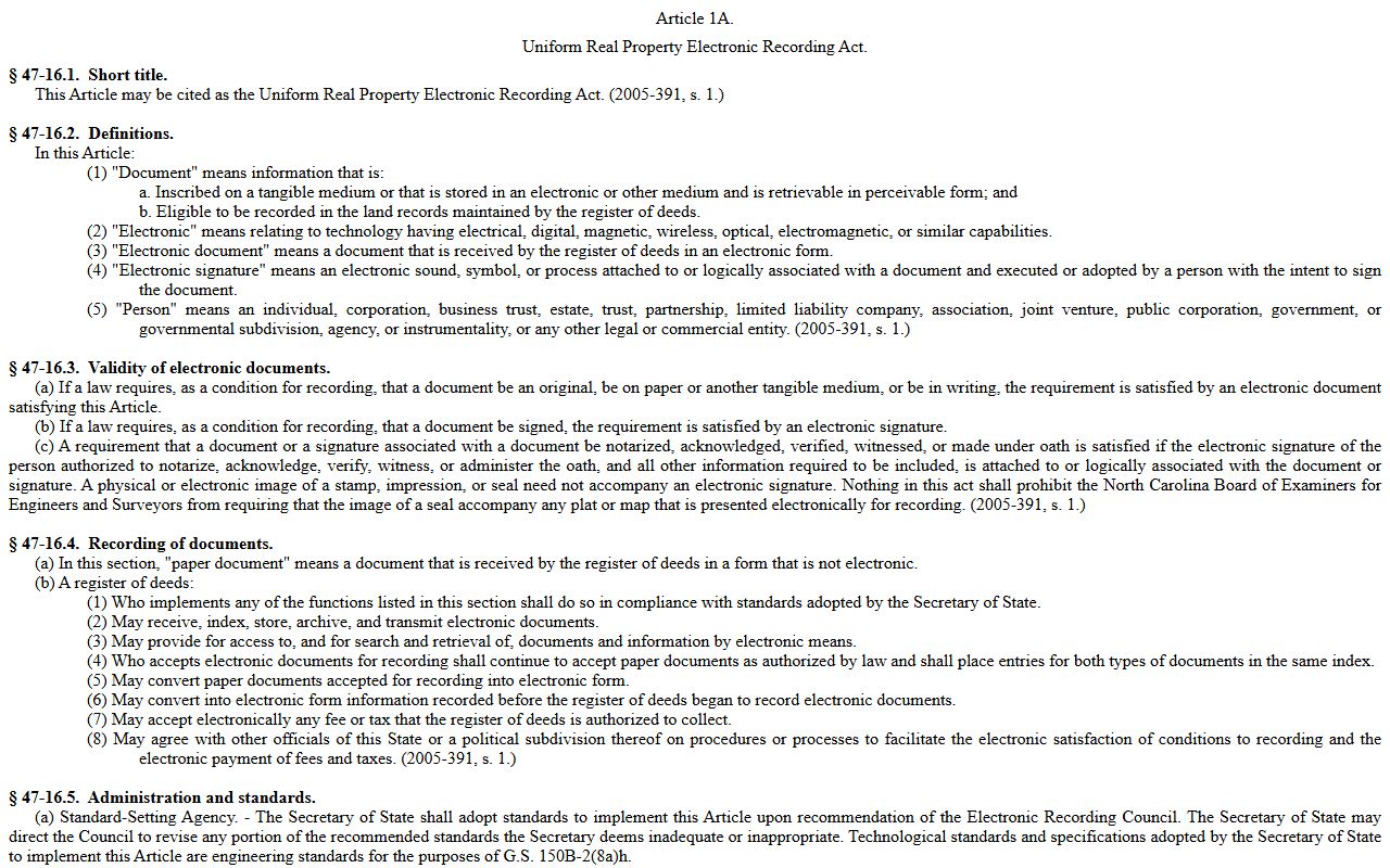 North Carolina Uniform Real Property Electronic Recording Act for deed records